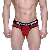 Red and black striped men’s briefs with branded waistband from MetroMaleWear fine thong red stripe 2712-42 collection