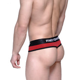 Red and black striped MetroMaleWear fine thong with a sleek form-fitting design shown from the back side