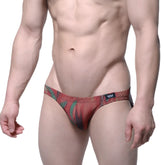 Red and green patterned men’s briefs with striped texture from metrimalewear fire bikini 5103-m73 collection