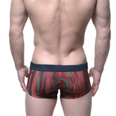 MetroMaleWear Fire Swim boxer briefs 4986-70 with red and green abstract pattern and navy blue waistband
