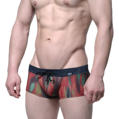 MetroMaleWear fire swim boxer briefs 4986-70 vibrant red green yellow abstract mesh trunks with navy waistband and black drawstring