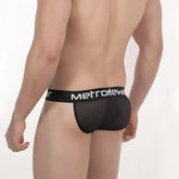 Black mesh fishnet briefs with white metronewer logo on waistband metro malewear fishnet bikini 3004-66