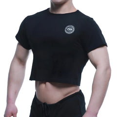 Black cropped short-sleeve MetroMaleWear FIT t-shirt with white circular logo on chest for casual wear