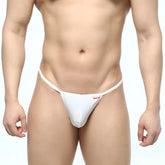 MetroMaleWear flex string white thong with thin waistband and small red logo on front in form-fitting stretch fabric