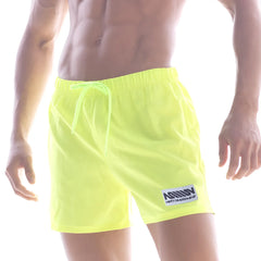 Neon yellow metro male wear flexible swim trunk with matching drawstring and white logo patch on lower left leg