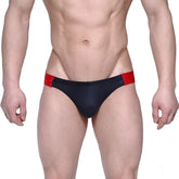 Black swim trunks with red side panels from metromalewear flip jock strap collection model 1421-20