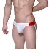 White athletic briefs with red elastic waistband and MetroMaleWear logo designed for sport and comfort