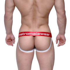 Red and white metroMalewear flip jock strap briefs with bold red waistband and white logo lettering front view
