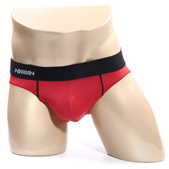 Red men’s briefs metro male wear flow brief 6113-12 with black waistband and white miiiv logo in comfortable fabric