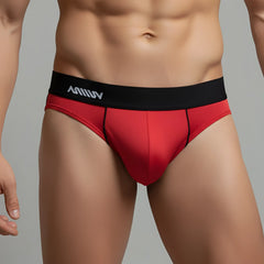 Red mens briefs metrohalewear flow brief 6113-12 with black waistband and white lettering