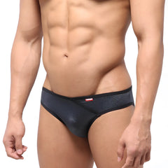 Black textured mens briefs with subtle shimmer and red MetroMaleWear brand tag on waistband model 6107-20