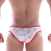 White briefs with red trim and playful ice cream cone pattern by metromalewear focus brief 6107-31