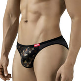 MetroMaleWear Fortuna bikini gold mesh briefs with metallic gold black snake scale pattern and red brand tag waistband
