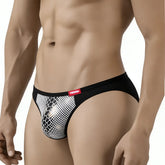 Black and white mesh briefs with red brand tag metro malewear fortuna bikini white 2905-60 front view
