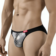 Black and white mesh briefs with red brand tag metro malewear fortuna bikini white 2905-60 front view