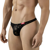 Black lace thong with red brand tag from MetroMaleWear Fortuna Thong Gold 2962-61 showing front side details