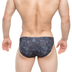 Dark gray swim trunks with a geometric triangle pattern from metromalewear fractal bikini 5103-m42 collection