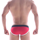 MetroMaleWear frame swim brief white 4916-81 in red with black waistband and white trim for swimming use