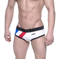 White swim trunks with bold blue red and black diagonal stripes and black waistband with army logo metroMalewear France flag
