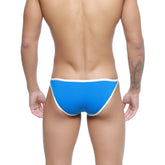 Bright blue metro malewear freedom bikini briefs with white trim and comfortable stretch fabric