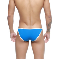 Bright blue metro malewear freedom bikini briefs with white trim and comfortable stretch fabric
