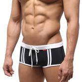 MetroMaleWear Fresco swim trunk black with white stripes and matching drawstring waistband for men