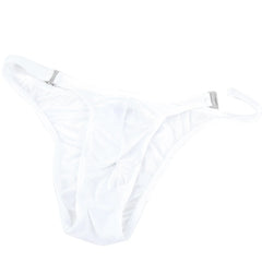 White thong by metromalewear made of smooth stretchy fabric with silver toned metal clasps at the sides