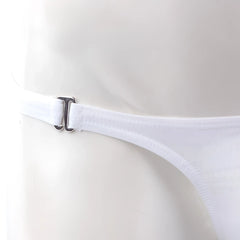 White nylon bikini bottom with silver metal buckle from metromalewear fria thong detachable style shown from back side