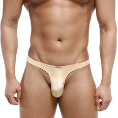 Beige satin MetroMaleWear fria thong with subtle sheen and small red logo on waistband front view