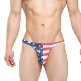 MetroMaleWear fria thong usa 2322-90 in red white and blue american flag fabric showing front view