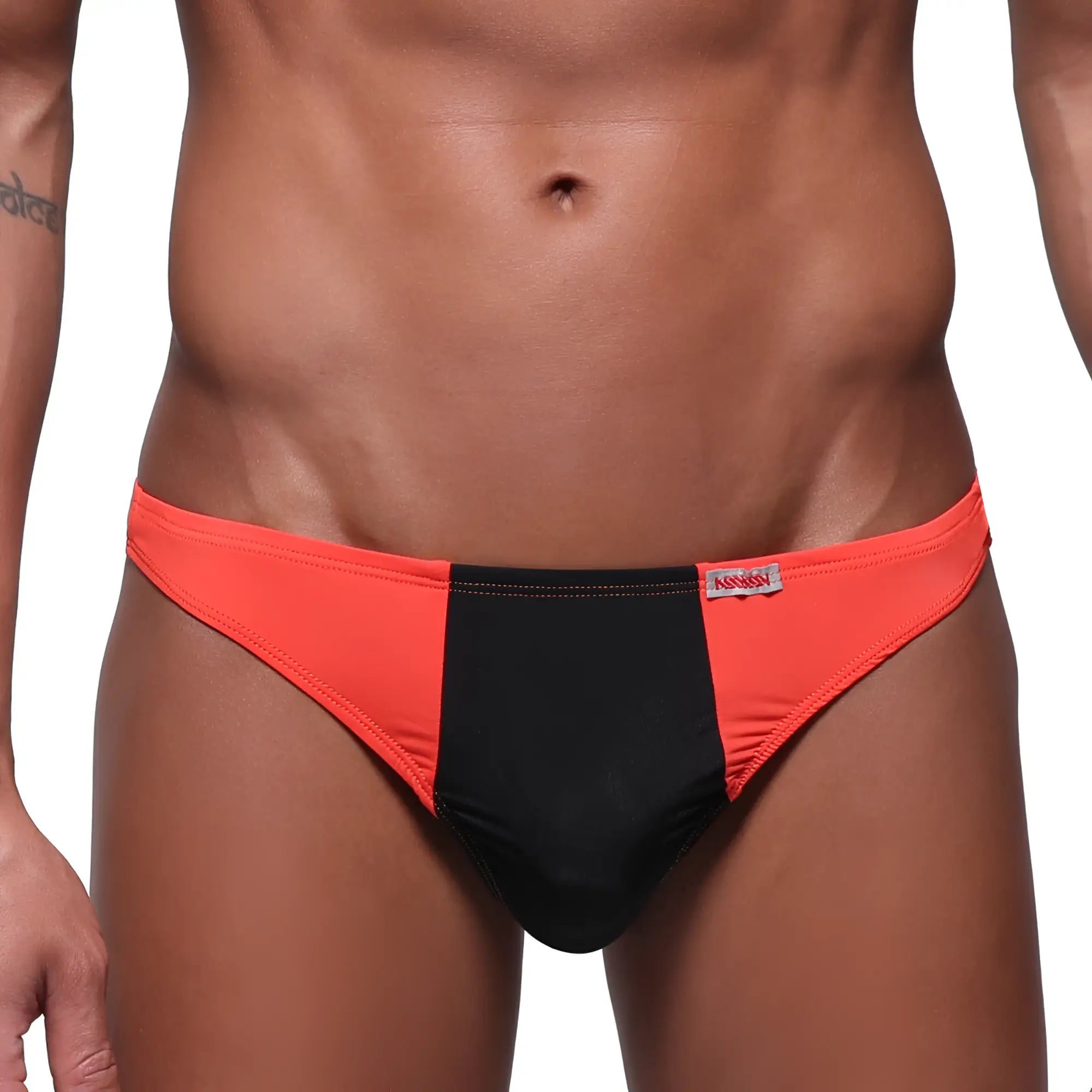 MetroMaleWear fun g coral 6202-14 orange and black two-tone briefs with red brand tag on waistband