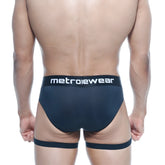 Black metrowear garter hip brief featuring a snug fit and elastic waistband for comfortable support