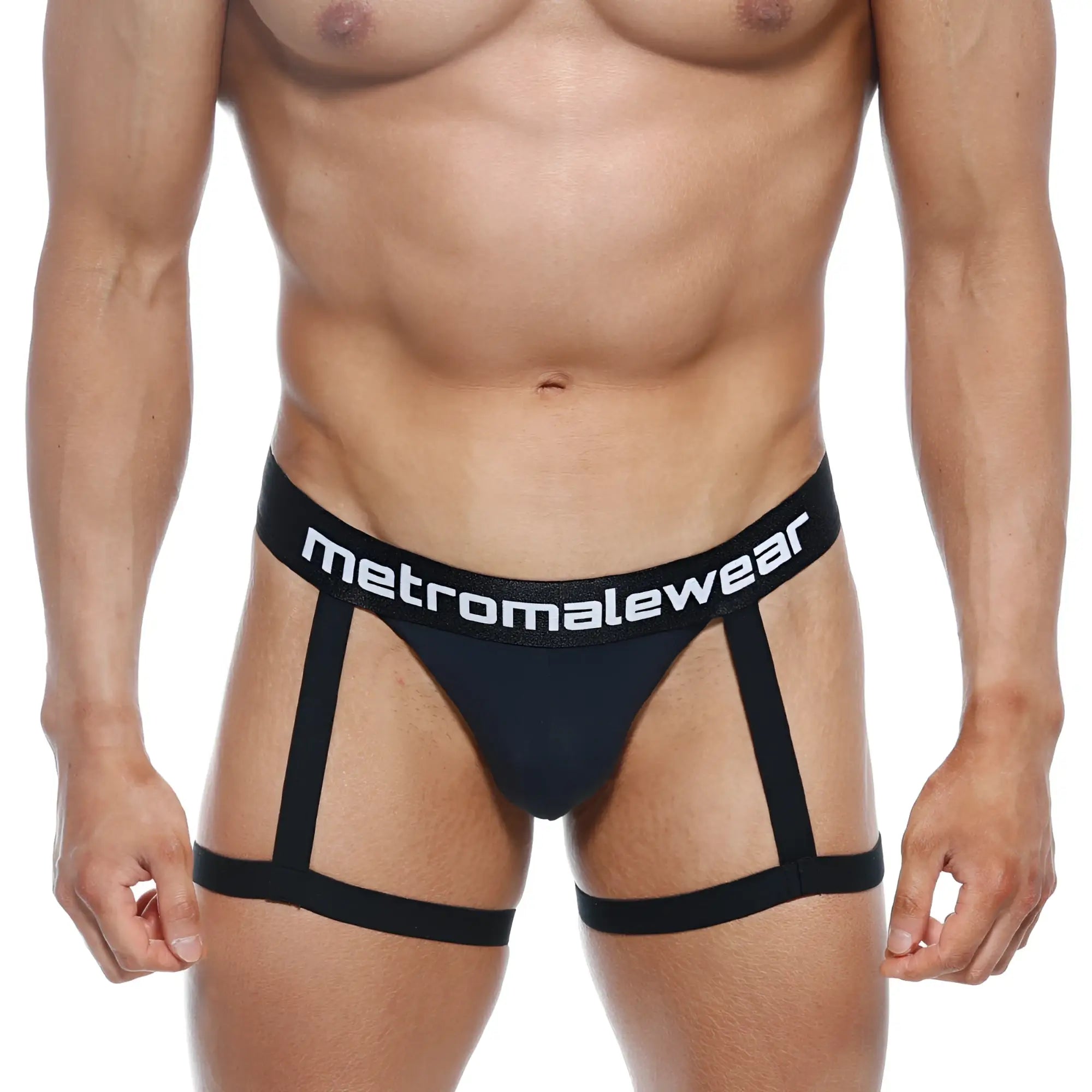 Black metromalewear garter thong briefs with supportive strappy design shown from the back side