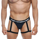 Black metromalewear garter thong briefs with supportive strappy design shown from the back side