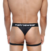 MetroMaleWear garter thong black with wide waistband and leg straps showing front side design