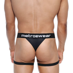 MetroMaleWear garter thong black with wide waistband and leg straps showing front side design