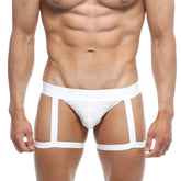 Metro male wear white minimalist briefs with supportive design and three vertical straps for added structure