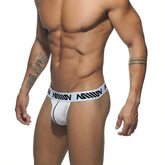 White mesh briefs with a black logo band from metromalewear genesis thong white 0022-00 visible from the back side
