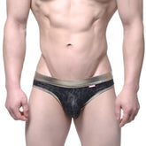 MetroMaleWear gloss bikini gold 2803-50 black leopard-print mesh briefs with metallic gold waistband front view
