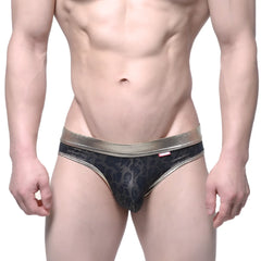 MetroMaleWear gloss bikini gold 2803-50 black leopard-print mesh briefs with metallic gold waistband front view