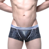 Black leopard-print mesh briefs with a silver velvet waistband from MetroMaleWear gloss trunk 2026-79
