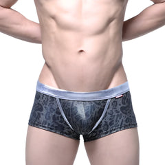 Black leopard-print mesh briefs with a silver velvet waistband from MetroMaleWear gloss trunk 2026-79