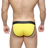 Bright yellow briefs with black elastic waistband and trim from metromalewear goldmine bikini 3004-80 collection