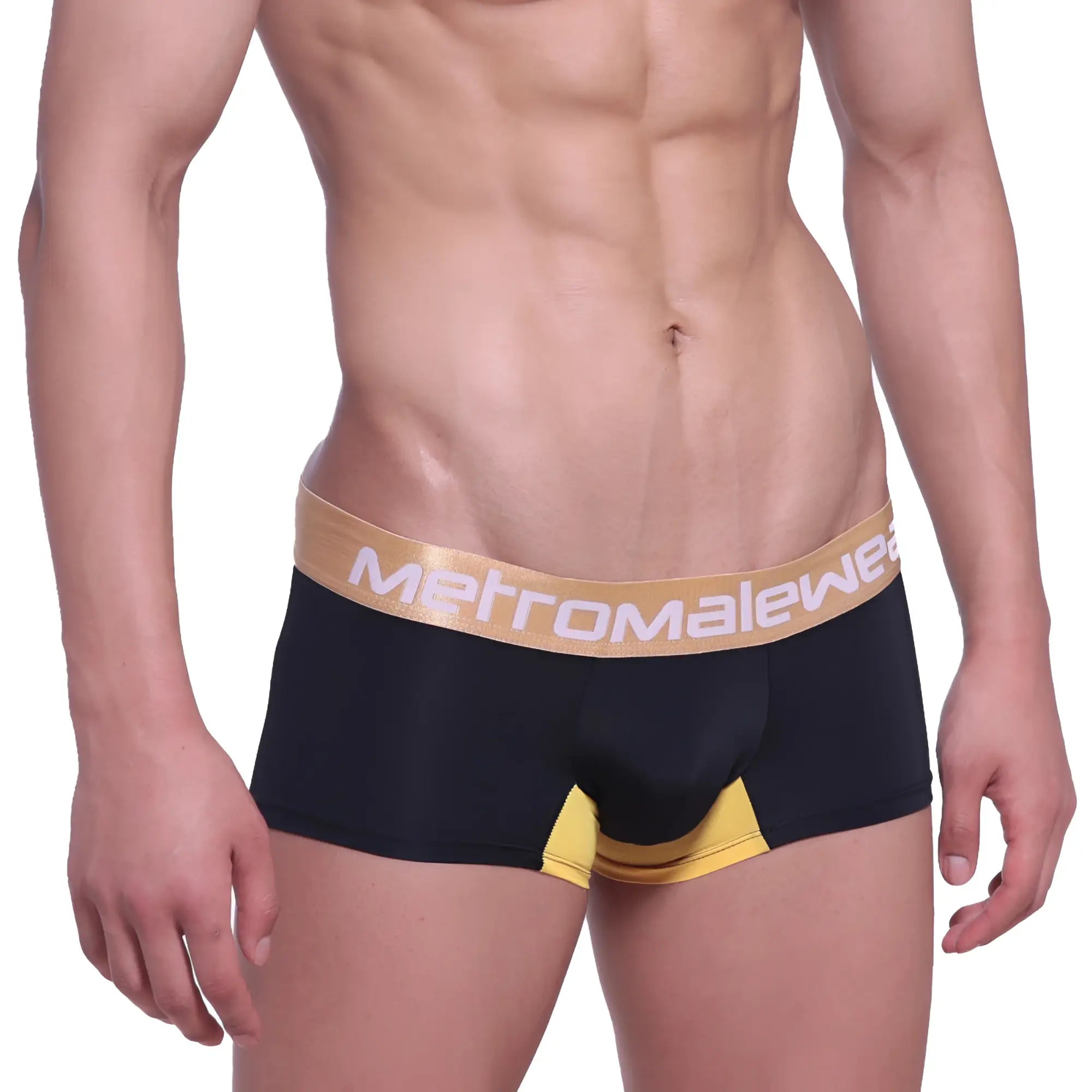 Black mens briefs with gold waistband metromalewear logo and yellow leg accents metroMalewear goldmine short boxer 7inch