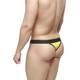 Bright yellow MetroMaleWear Goldmine thong with black waistband and trim showing the front side