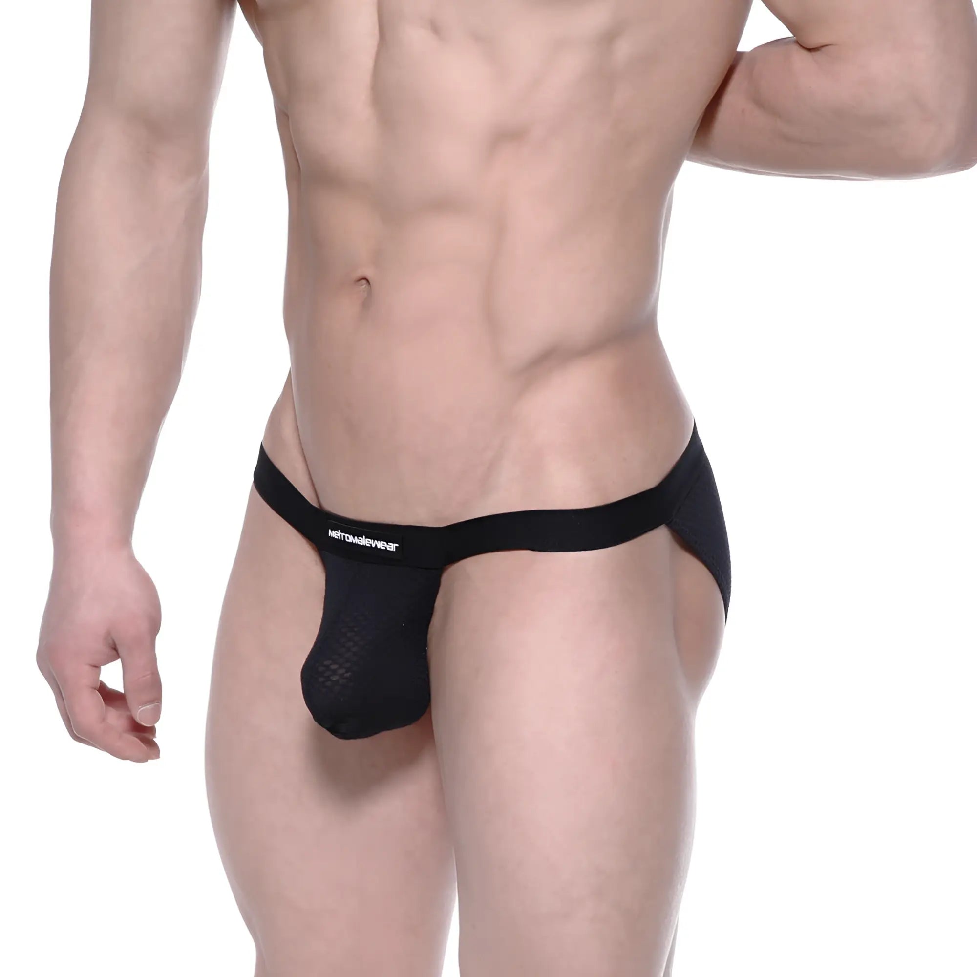 Black mesh jockstrap with solid waistband featuring the nerowear logo metroMalewear Grabit Bikini black mesh 3105-70