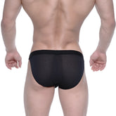 MetroMaleWear Grabit bikini black mesh briefs with a solid waistband highlighting breathable material design