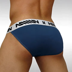Metro malewear grabit bikini dark blue briefs with white elastic waistband and black lettering in front view