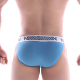 Light blue MetroMaleWear Grabit bikini briefs with white waistband gray n logos and diagonal stripes for athletic use