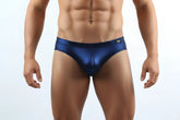 Shiny navy blue metallic briefs with a sleek form-fitting design by MetroMaleWear Grava Bikini 5103-85